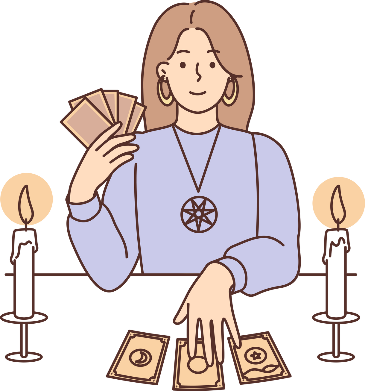 Woman with Tarot cards in form of witch sits at table and predicts future being fortune teller
