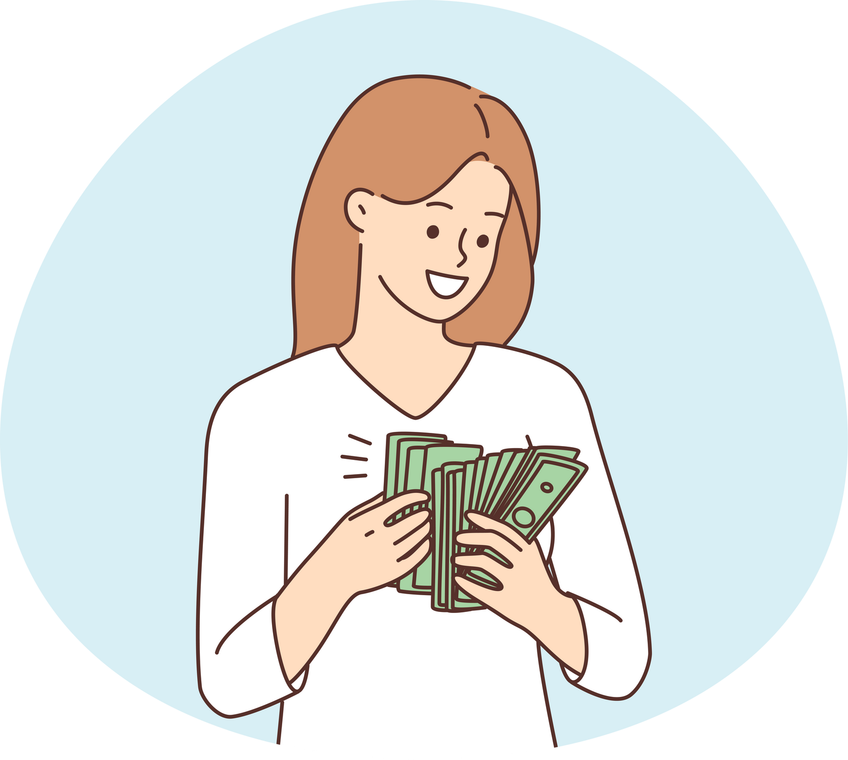 Smiling woman with cash excited with income